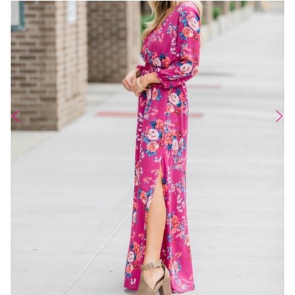 Pink Lily Boutique | Floral Maxi Dress V-neck Side Slit Berry Red Small - Picture 1 of 10